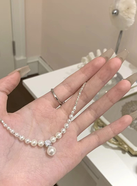 原创施家珍珠强光项链高级感锁骨链碎银百搭小众气质吊坠配饰