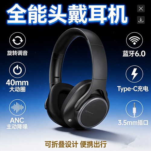 德国品质新款蓝牙耳机头戴式6.0旋转调音ANC降噪3.5mm耳机孔通用