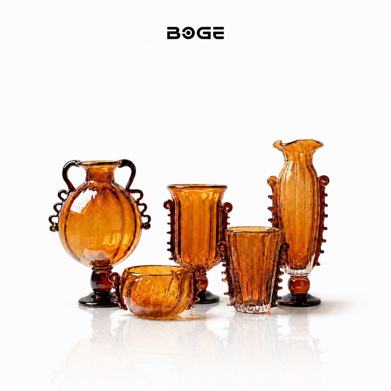 琥珀色手工玻璃花瓶套装 法式中古艺术花器 家居装饰插花摆件组合