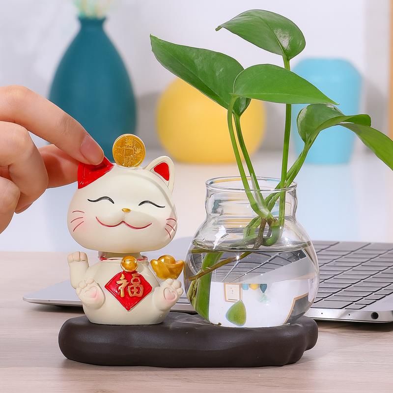 花瓶招财猫创意客厅插花装饰品透明玻璃器皿水养植物绿萝水培花器