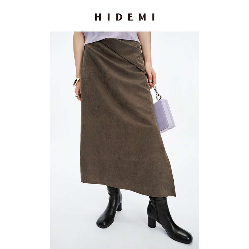 hidemi 摩卡色反毛麂绒不对称半身裙