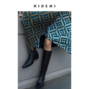 中跟增高长靴 HIDEMI牛漆皮 牛皮方尖头擦色做旧感女鞋