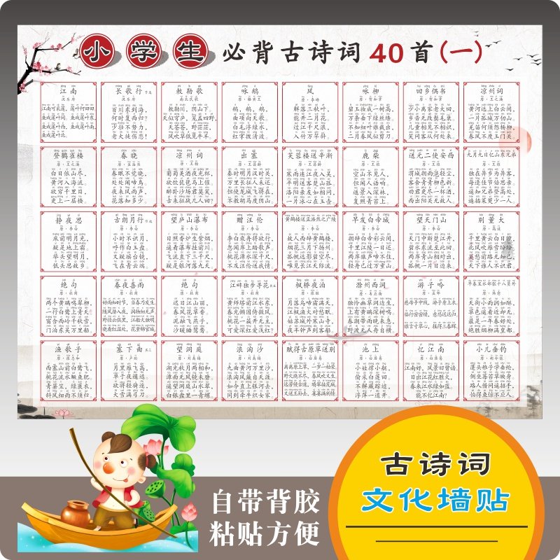 小学生必背古诗词75首+80首墙贴幼儿园唐诗300必读古诗合集挂图