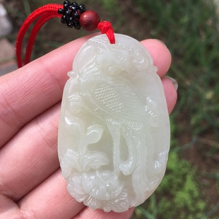 天然新疆和田玉青白玉凤项链女款 玉石吊坠凤阳牡丹玉挂件朱雀凤凰