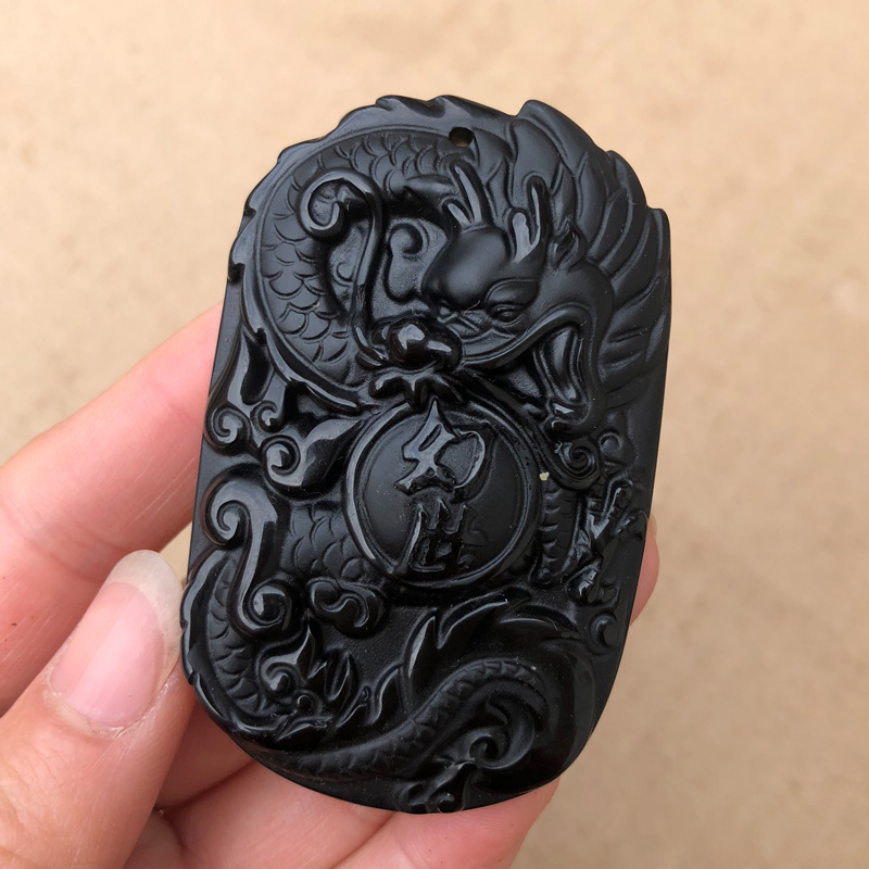 天然黑曜石幻世龙牌吊坠男士项链霸气雕玄龙望尊随身龙头本命年