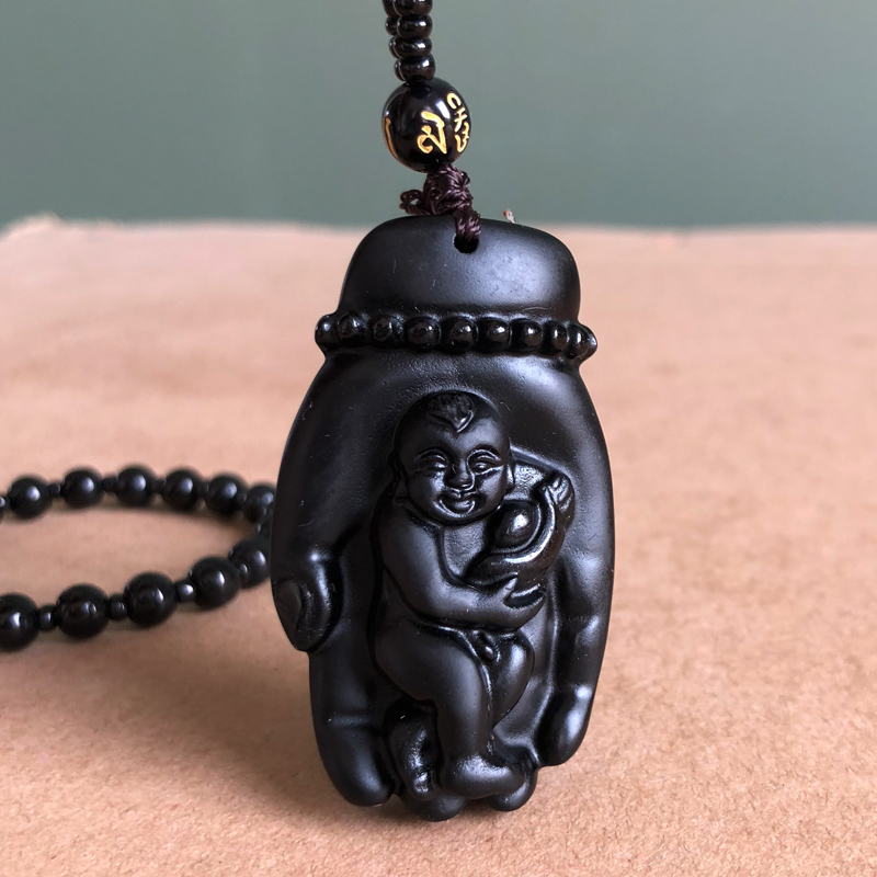 天然黑曜石招财童子佛手男女护身项链送证书伸手来财童孩吊坠