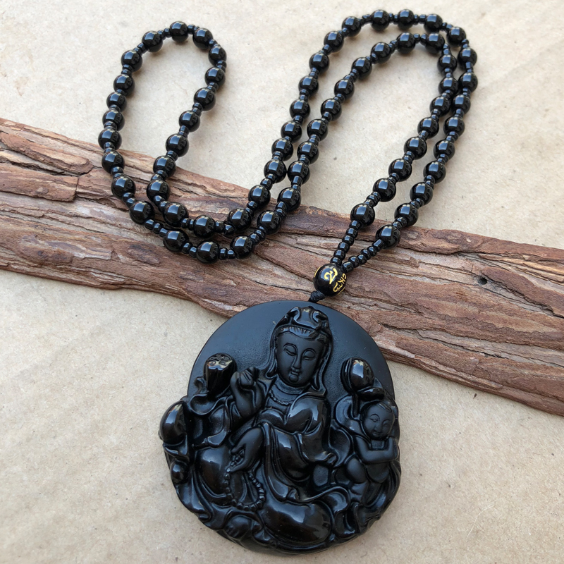 黑曜石送子观音吊坠佛像项链男女运子嗣菩萨挂件玉佩