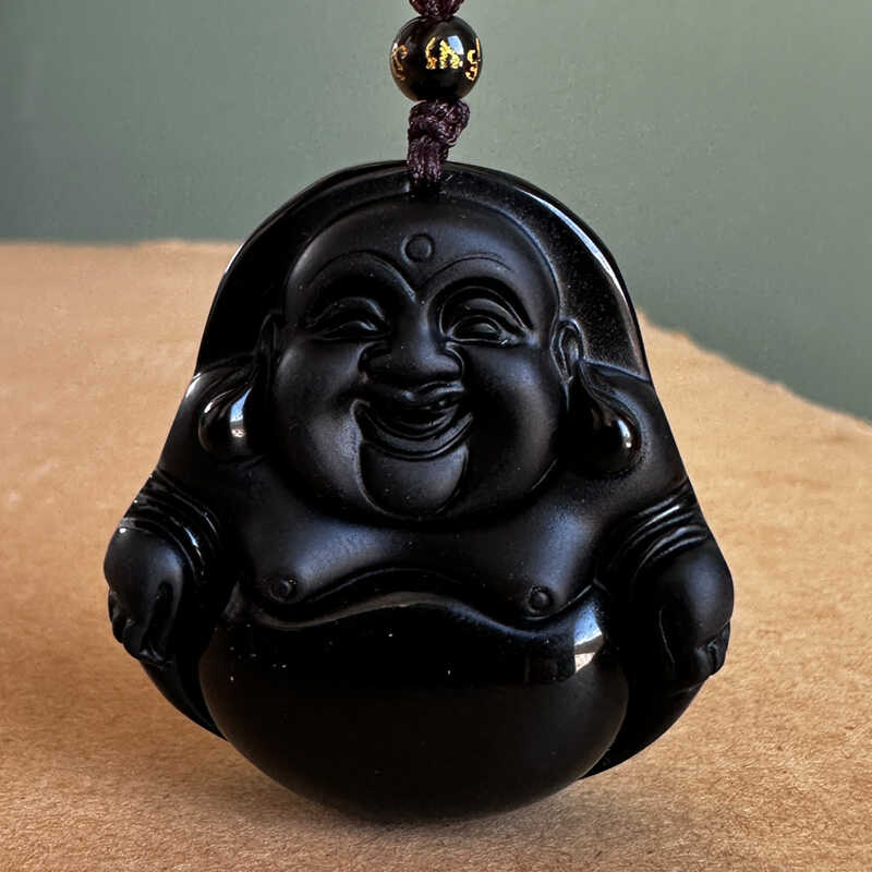 真品黑曜石大肚笑佛吊坠 大号女款弥勒佛挂件男士玉石雕佛毛衣坠