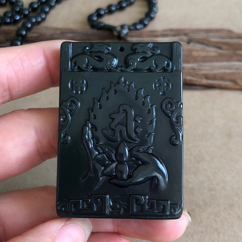 黑曜石佛光普照项链男女本命年随身佛在我心无事牌方款挂件送证书
