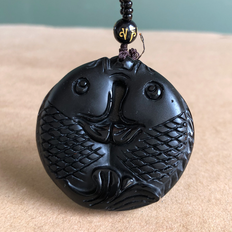 天然黑曜石鱼吊坠年年有余挂坠情投意合送福补水男女挂件玉佩证书