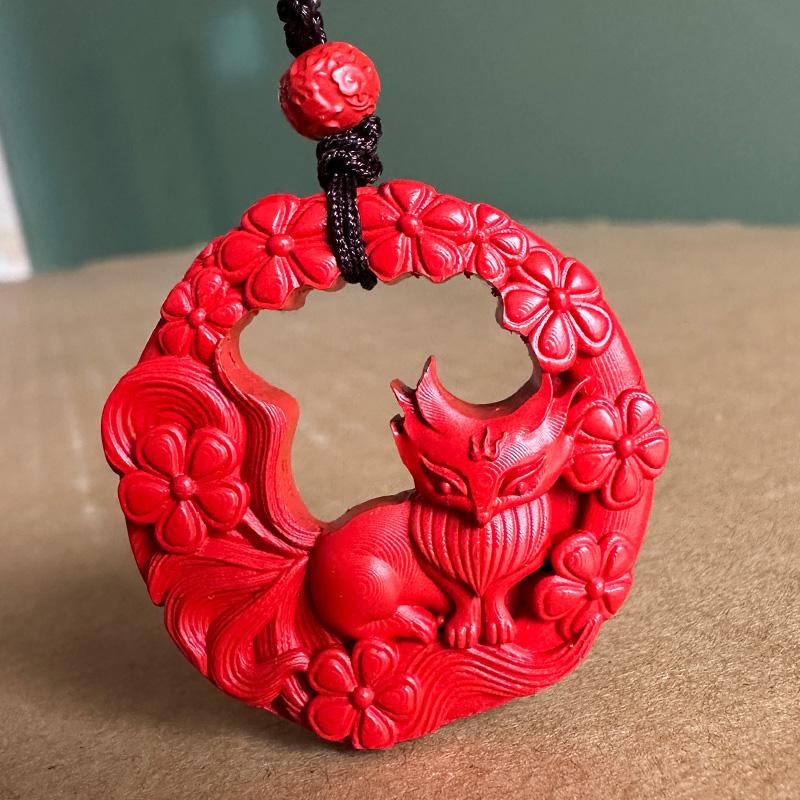 保真帝王红朱砂桃花女狐吊坠男女镂空九尾胡花朵项链圆环脱单挂件