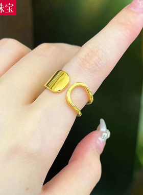 5D硬金黄金易拉罐戒指女款999足金ins风时尚小众纯金几何指环送礼