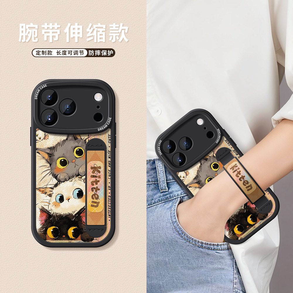 适用苹果17promax手机壳伸缩腕带iPhone15pro保护套支架防摔ip16plus硅胶全包13mini新款14/12趣味猫咪11/xr