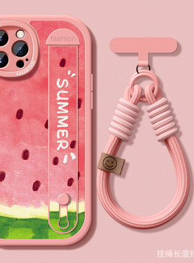 适用苹果16手机壳腕带iphone15pro保护套女款ip13新款14plus支架12mini防摔硅胶11max全包xs/xr西瓜8高级软壳