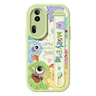 腕带适用opporeno11手机壳reno10pro保护套女款reno9支架硅胶reno8/6/5全包防摔reno7pro+卡通se小怪兽5K外壳