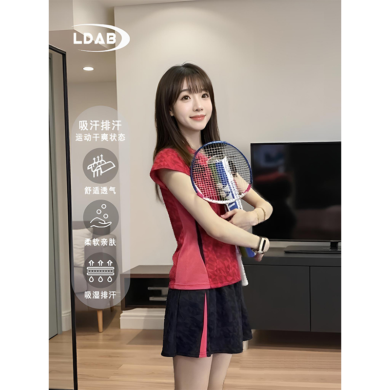 LDAB红色羽毛球服套装女2025夏季新款绝美超好看网球运动t恤上衣