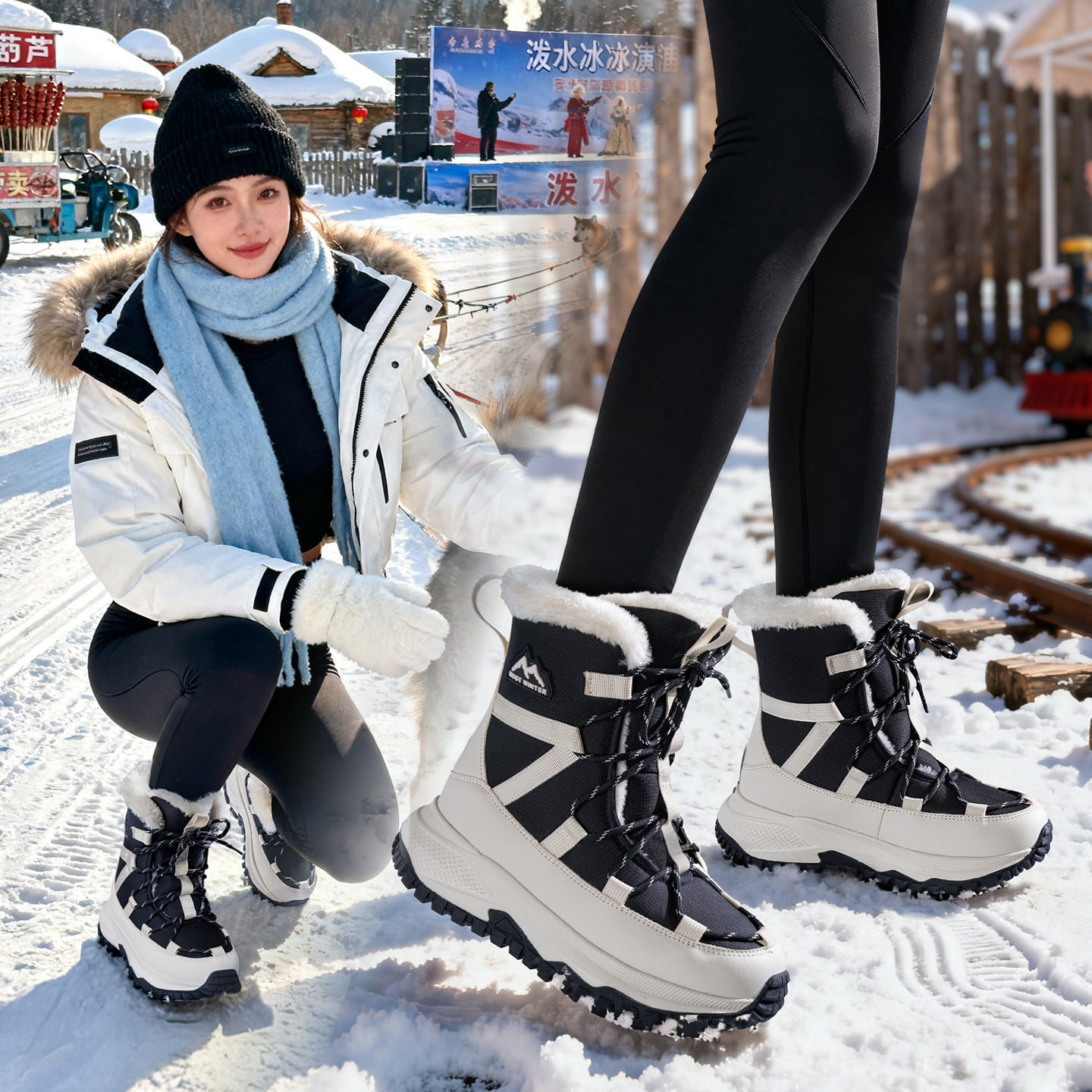 2025新款雪地靴女冬季保暖哈尔滨棉鞋厚底加绒加厚防滑东北棉靴男