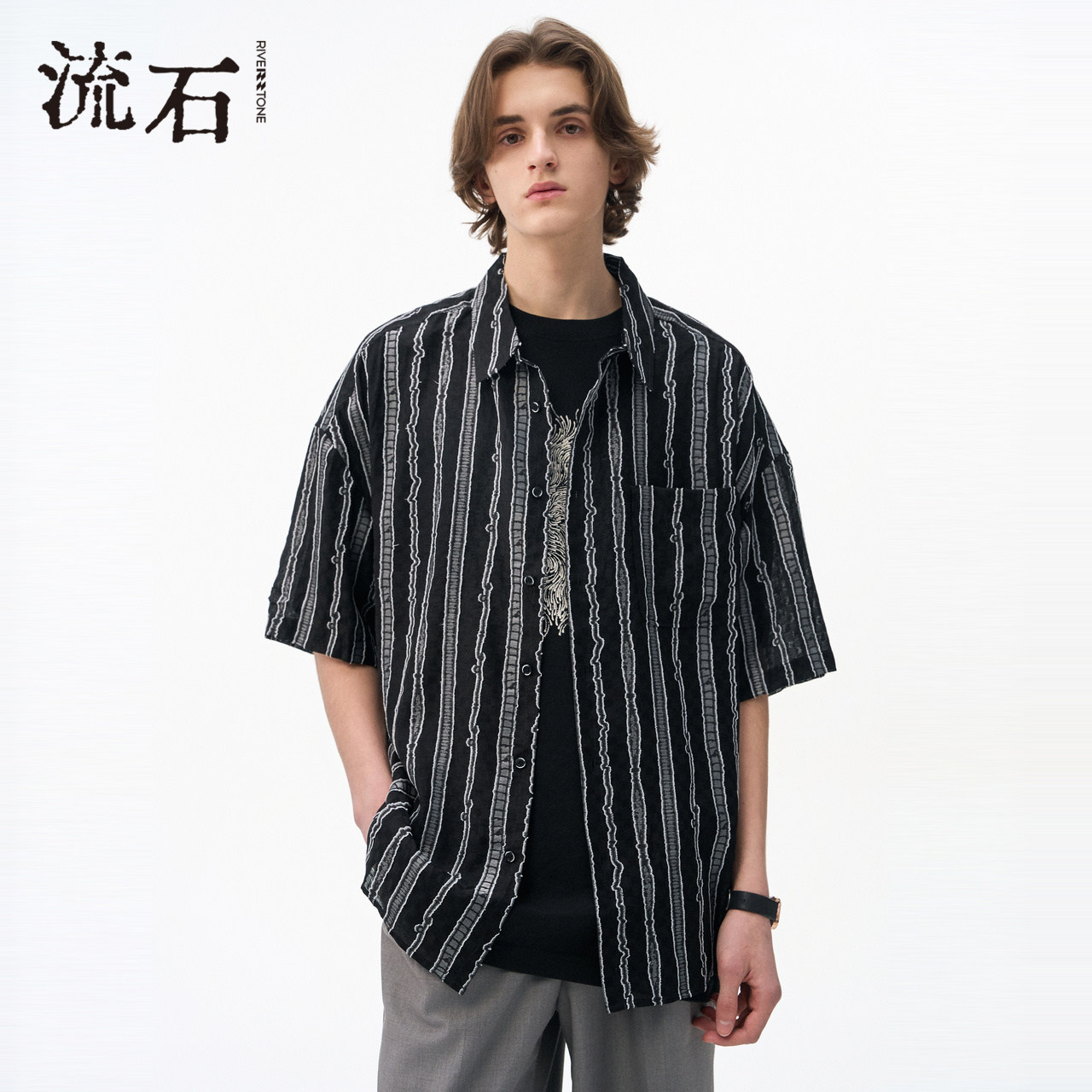 流石男装高端经典短袖衬衫2026年夏季新款男士透气竖条纹天丝衬衣