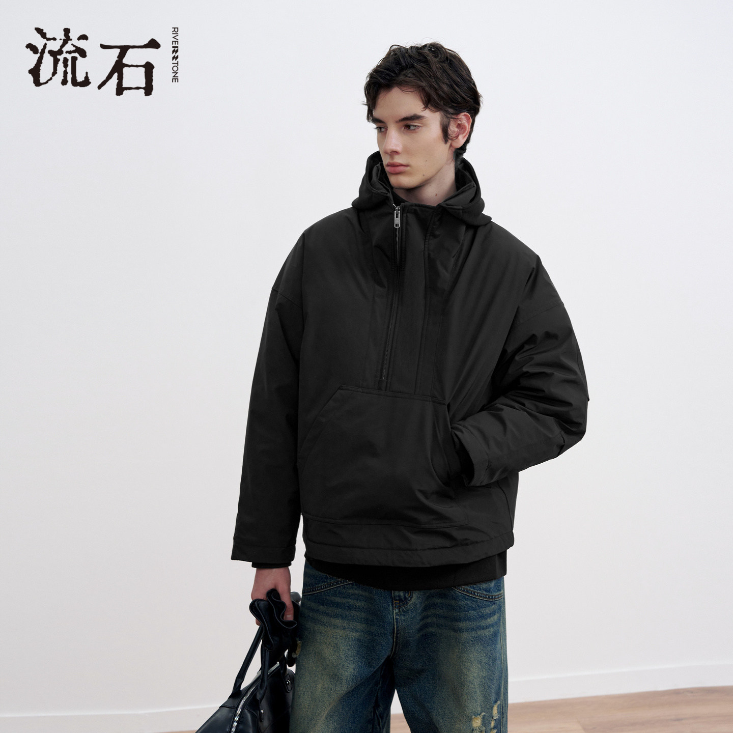 流石男装机能风半拉链羽绒服2026年春季男生设计卫衣连帽减龄外套