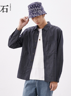 流石男装秋装灰色长袖衬衫工装秋季男士新款宽松复古上衣男款衬衣