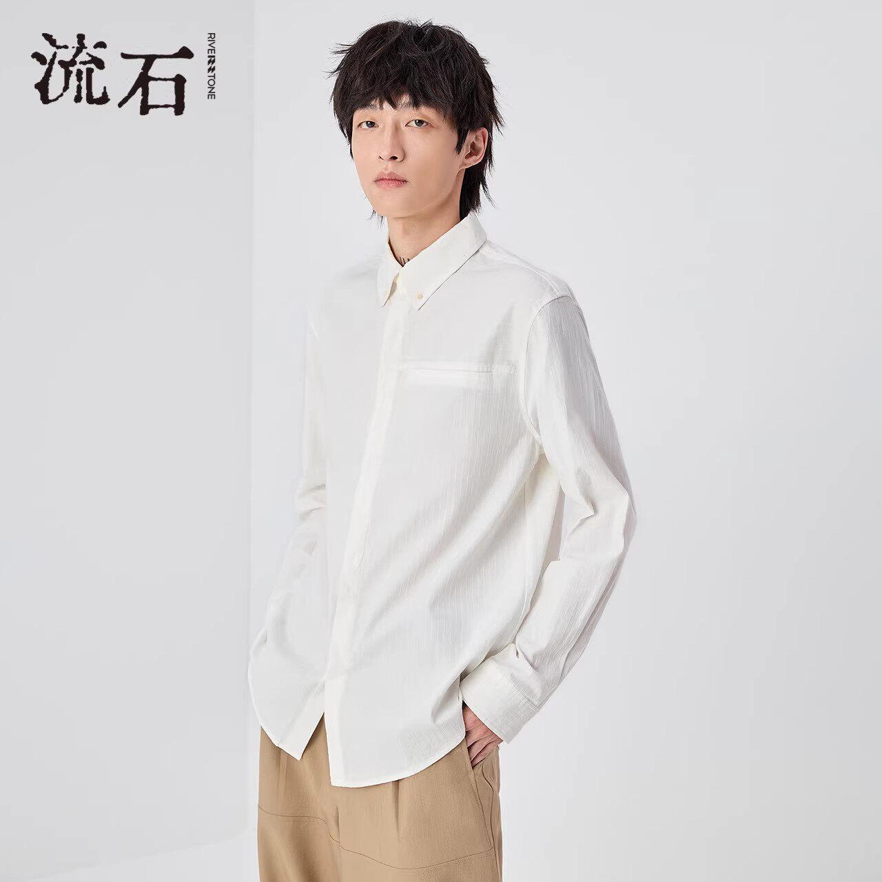 流石男装棉麻高端白色衬衫2026年新款春秋季男士内搭长袖衬衣上衣