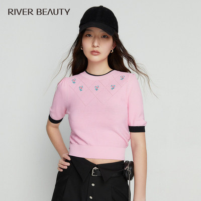 【柳哥优选】RB 女夏季新款针织短袖T恤提花短款上衣 RZ22259227