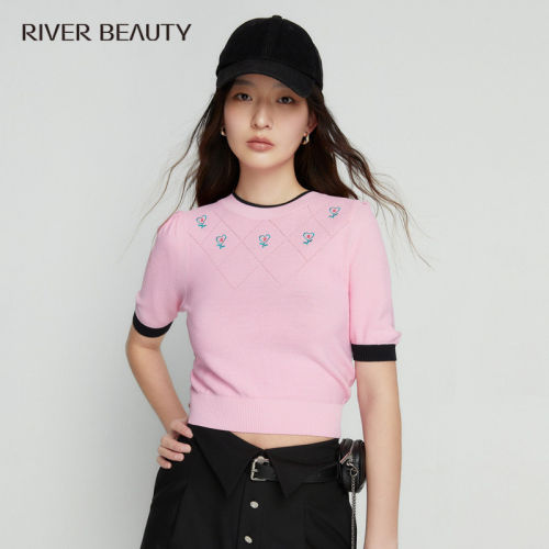 【柳哥优选】RB 女夏季新款针织短袖T恤提花短款上衣 RZ22259227