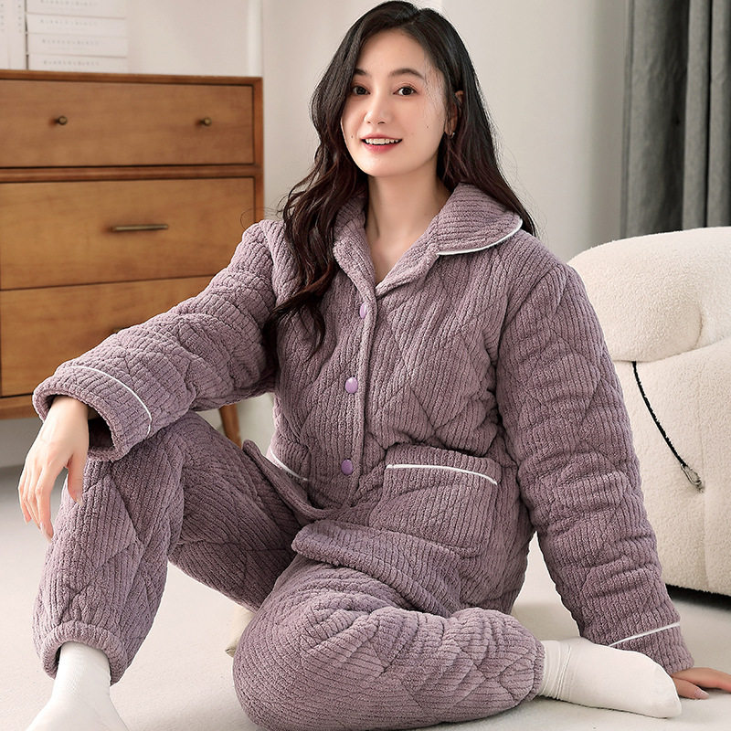 三层夹棉睡衣女秋冬季加厚家居服