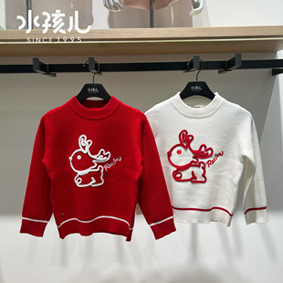 商场同款水孩儿童装女童针织毛衣大红色年款保暖打底衫套头上衣