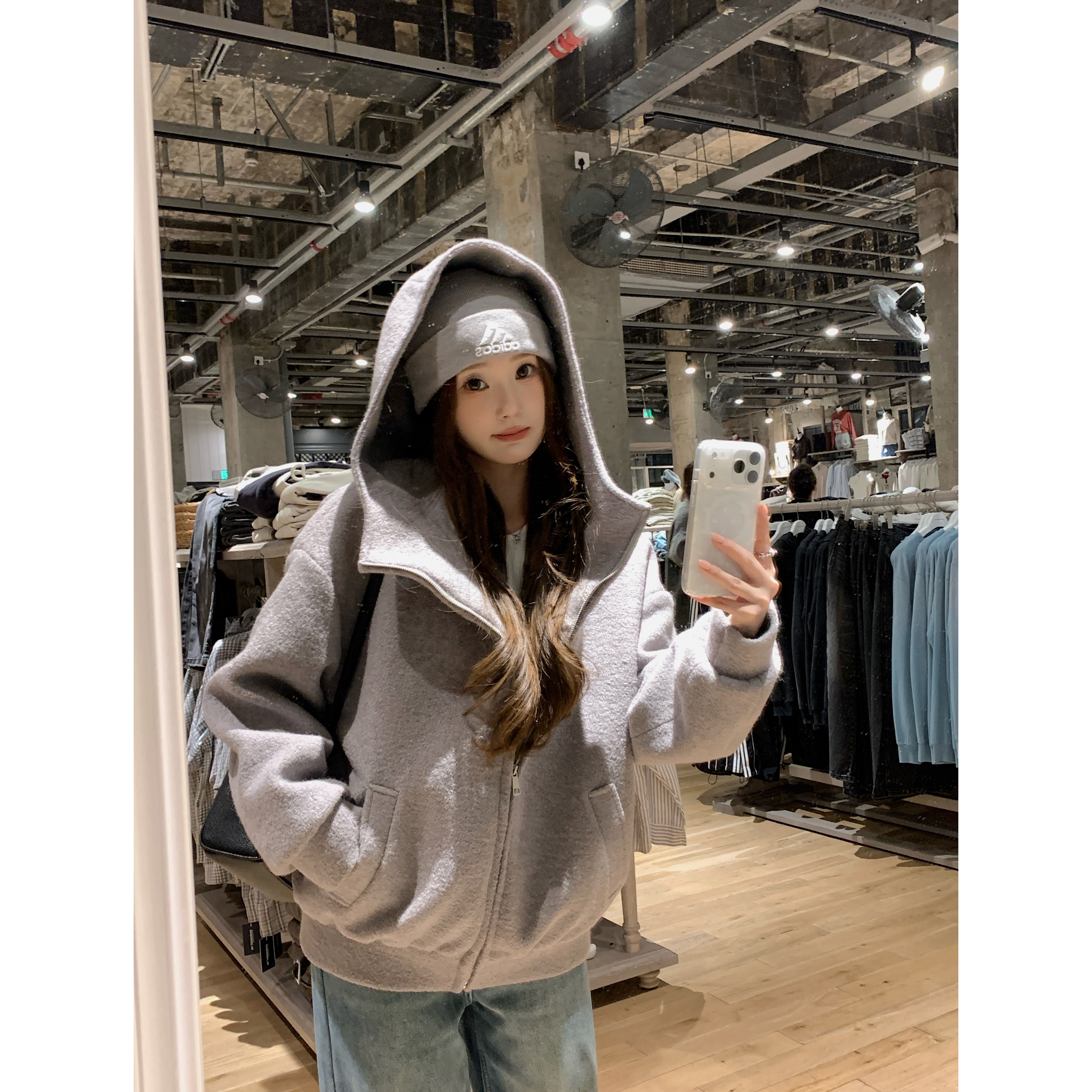 大廓形翻领毛呢子外套连帽卫衣