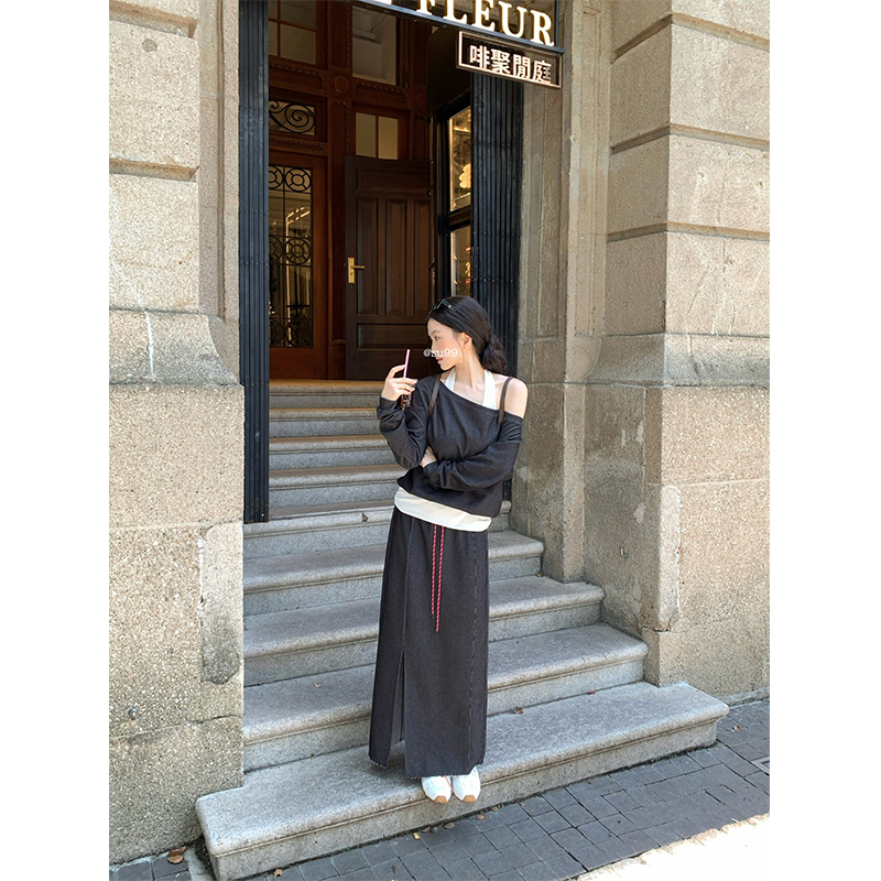 开叉百搭A字直筒半身长裙垂感