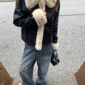 SUNIRIROR原创设计皮袄秋冬新款 毛毛领黑色皮衣外套女高级感棉服