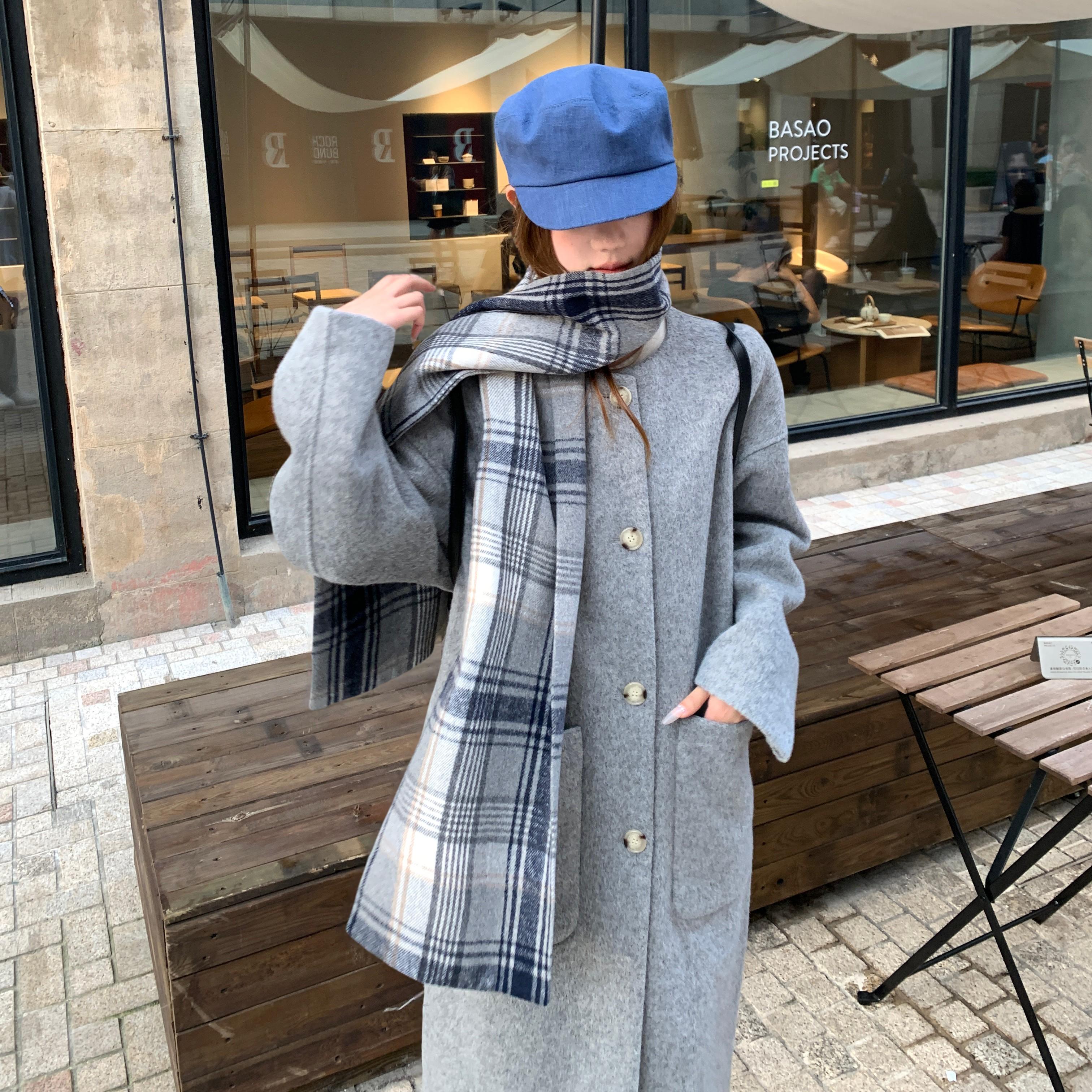 SUNIRIROR 原创设计秋冬保暖蓝杏格灰外套送含羊毛围巾大衣