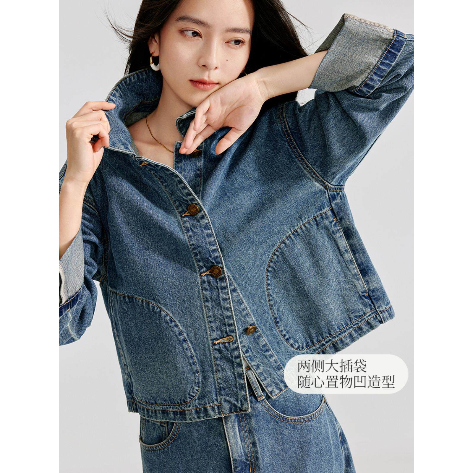 清仓设计感翻袖纯棉牛仔外套女2026年春季新款复古小个子夹克上衣
