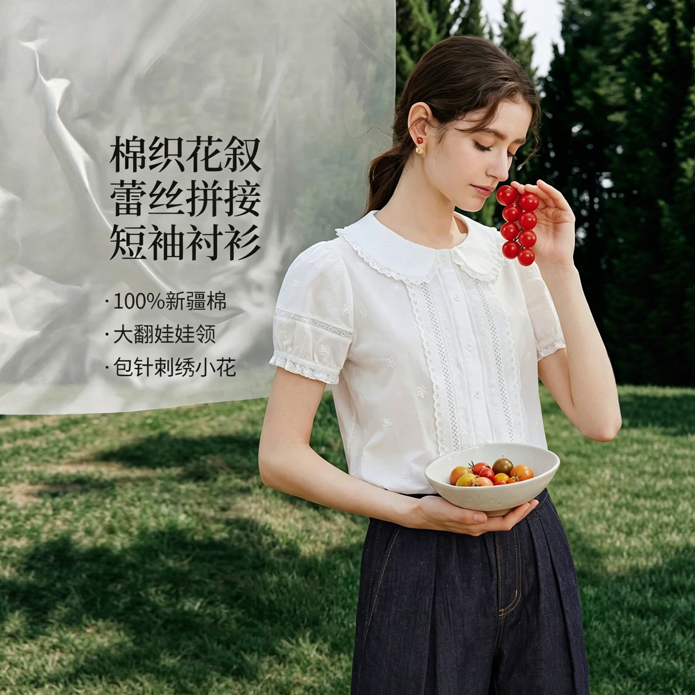 清仓法式蕾丝花边娃娃领衬衫女2026夏季纯棉内搭短袖泡泡袖白衬衣