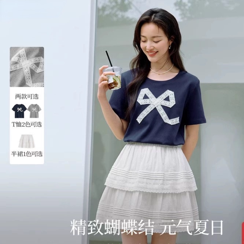 清仓蝴蝶结蕾丝短袖t恤女2026年夏季新款韩系超火减龄纯棉上衣