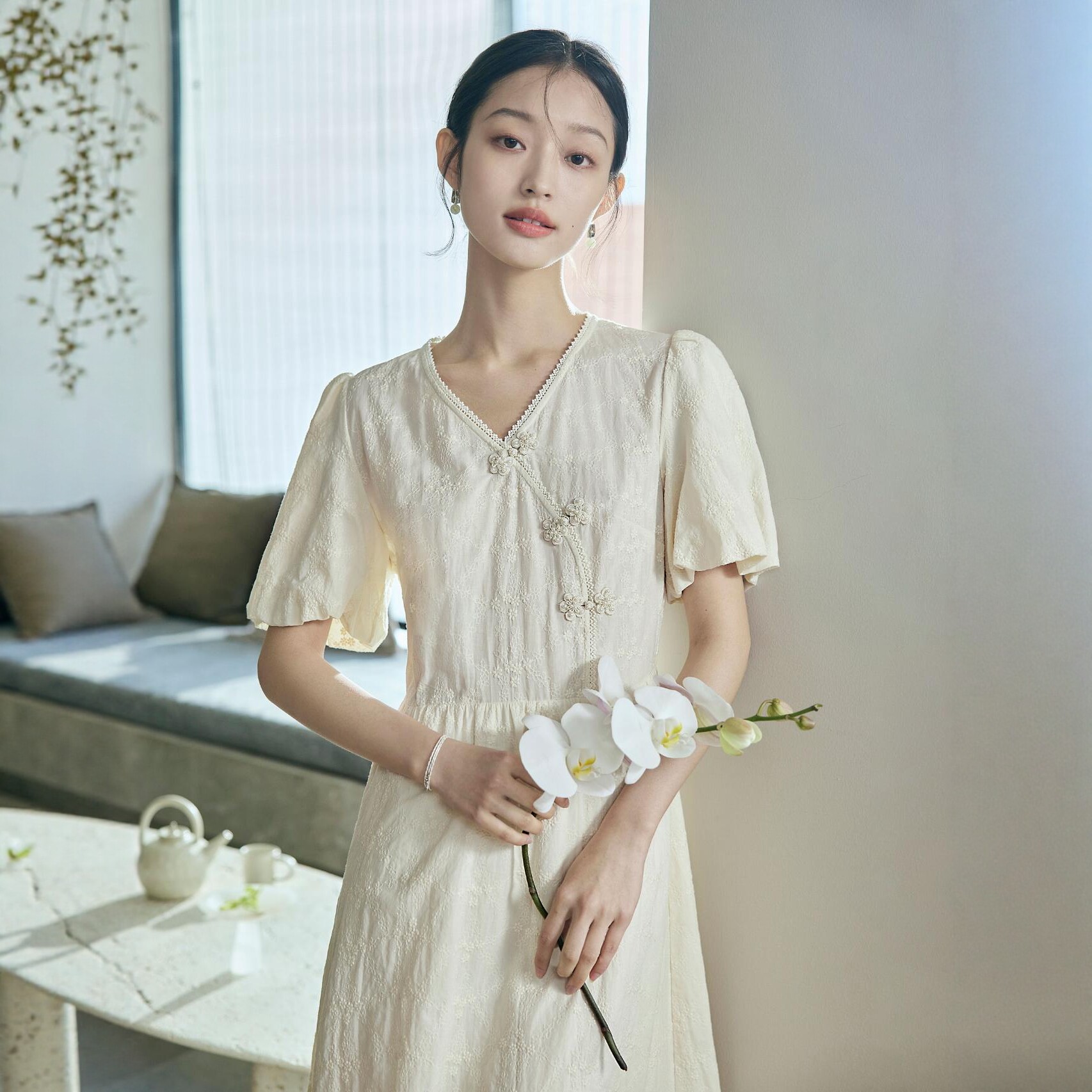清仓改良国风新中式连衣裙女装2026年夏季新款v领纯棉长裙小个子