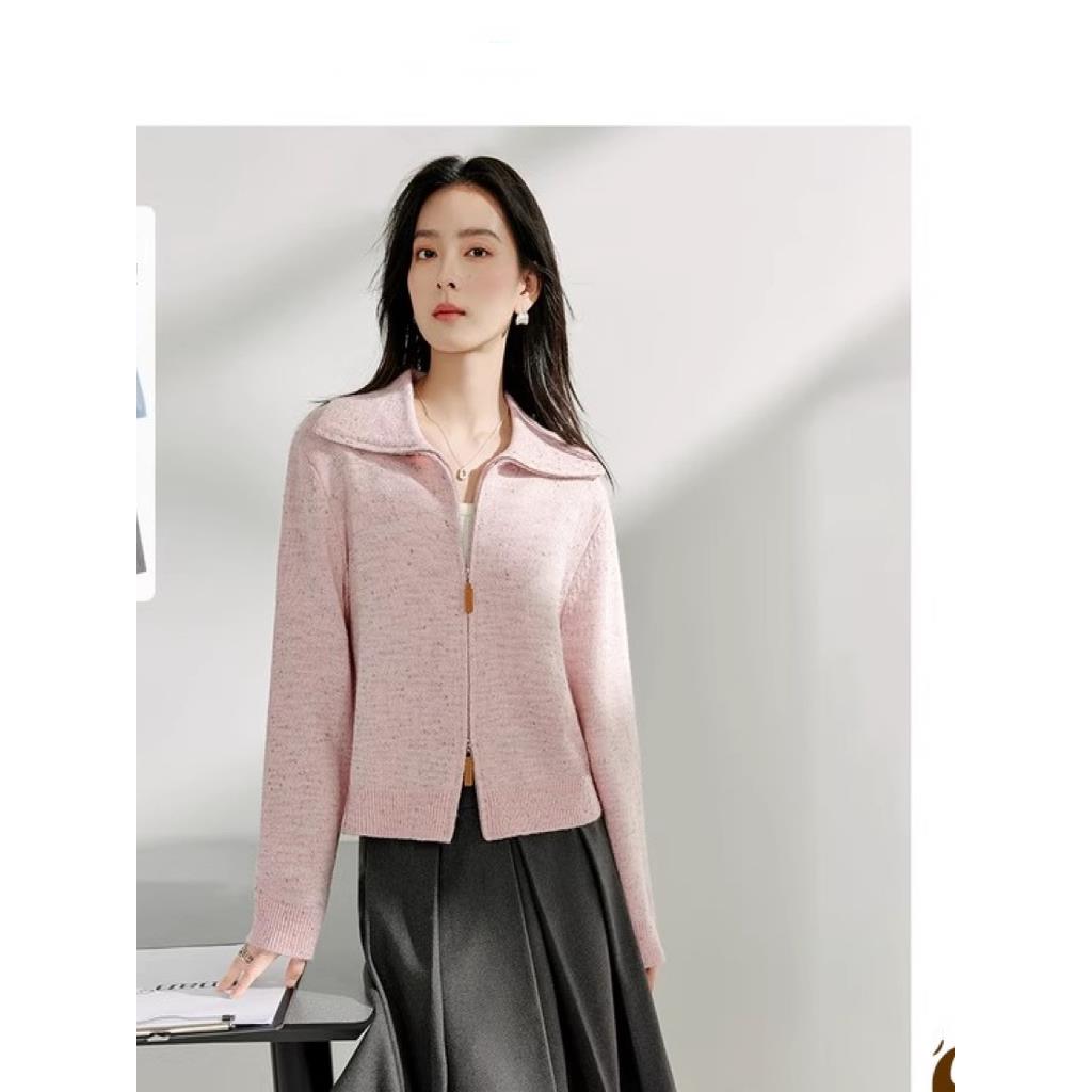 清仓北极绒拉链大翻领短毛衣开衫女2025年春季新款花纱针织外套