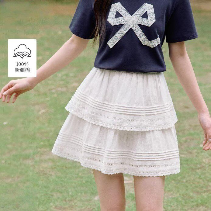 清仓波嬉甜美花边镂空短裙女2026年夏季新款纯棉塔克褶白色半身裙