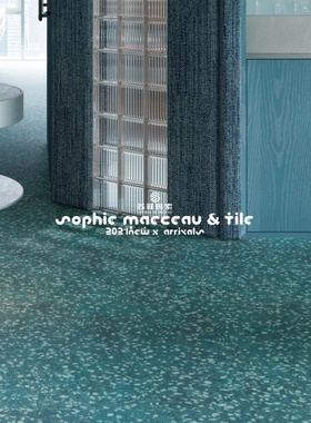 蓝色水磨石地砖客厅全屋通铺地中海风厨房防溅墙与岛台防水易清洁