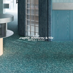 蓝色水磨石地砖客厅全屋通铺地中海风厨房防溅墙与岛台防水易清洁