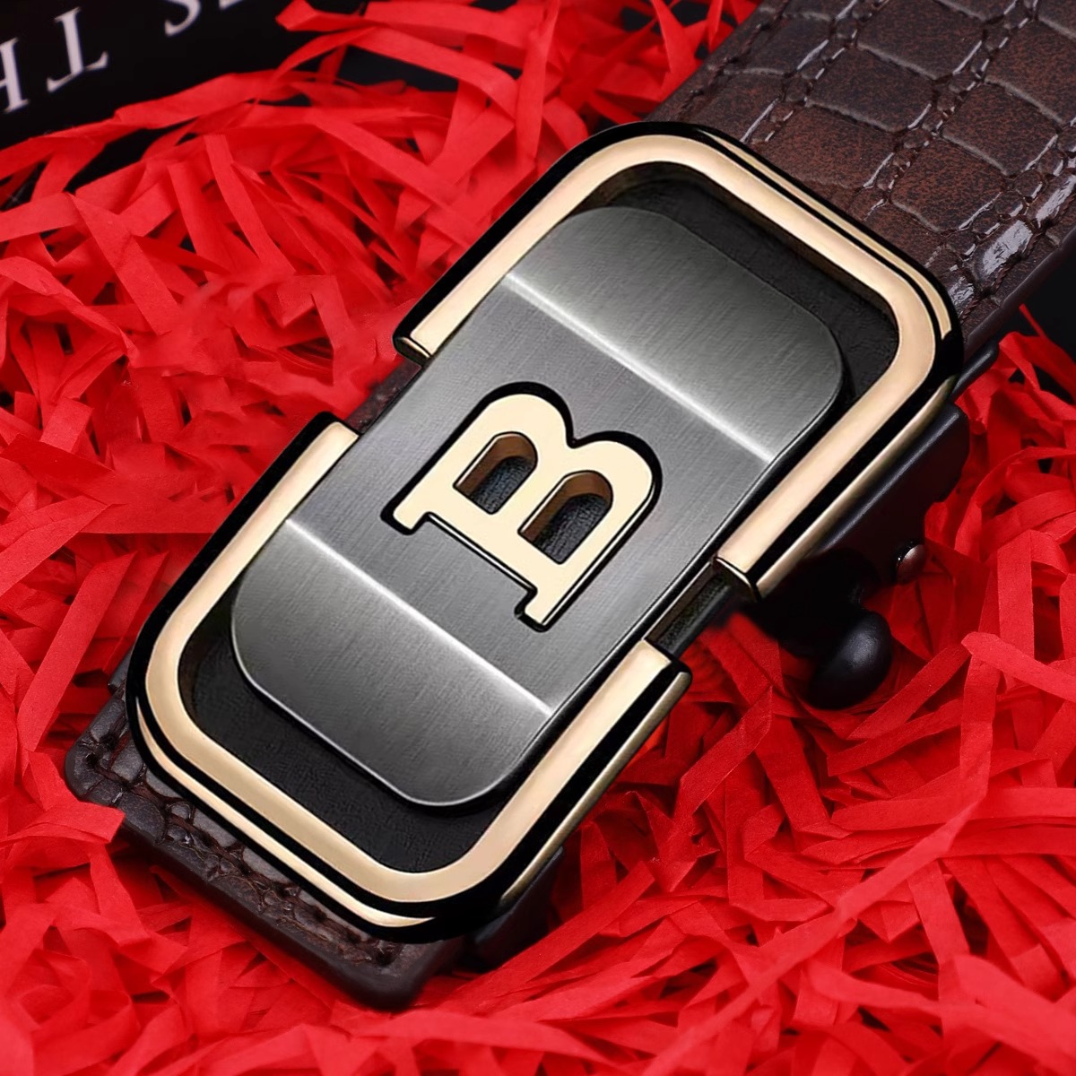 B字男士自动扣鳄鱼纹皮带内穿