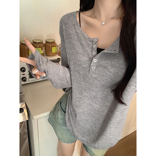 灰色宽松慵懒风早秋长袖 半开领松弛感上衣 防晒空调罩衫 T恤女夏季