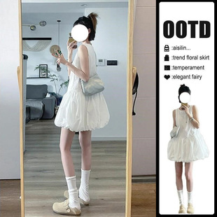 白色法式连衣裙女2026夏季新款赫本风小白裙短款小个子花苞裙裙子