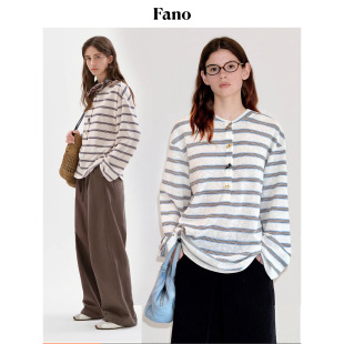 4655 宽松恤女2026 范洛Fanomiu系牛角扣亨利衫 复古慵懒条纹长袖