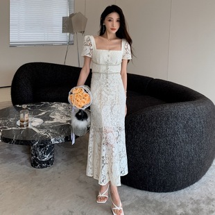 夏季 米白甜美小方领水溶蕾丝鱼尾长裙订钻高腰连衣裙 新款 女装