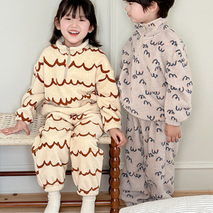 儿童睡衣套装男女童秋冬季加绒加厚款中大童拉链立领可外穿家居服