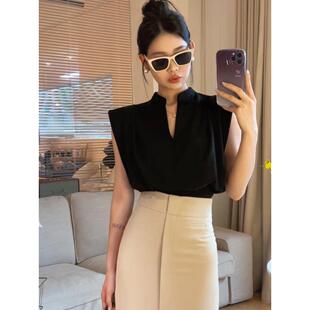 韩系chic复古港风立领衬衫 上衣 女夏季 高级感百搭V领收腰背心小衫