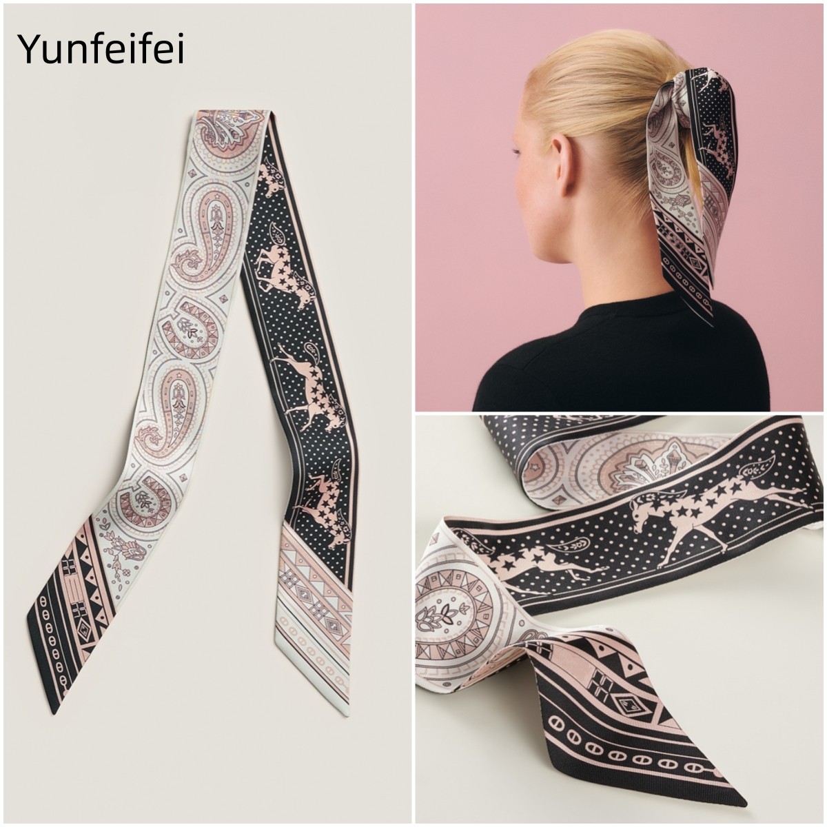 2026新款爱心骏马H丝巾绑包包手柄真丝h小丝巾女士欧美风格窄丝带