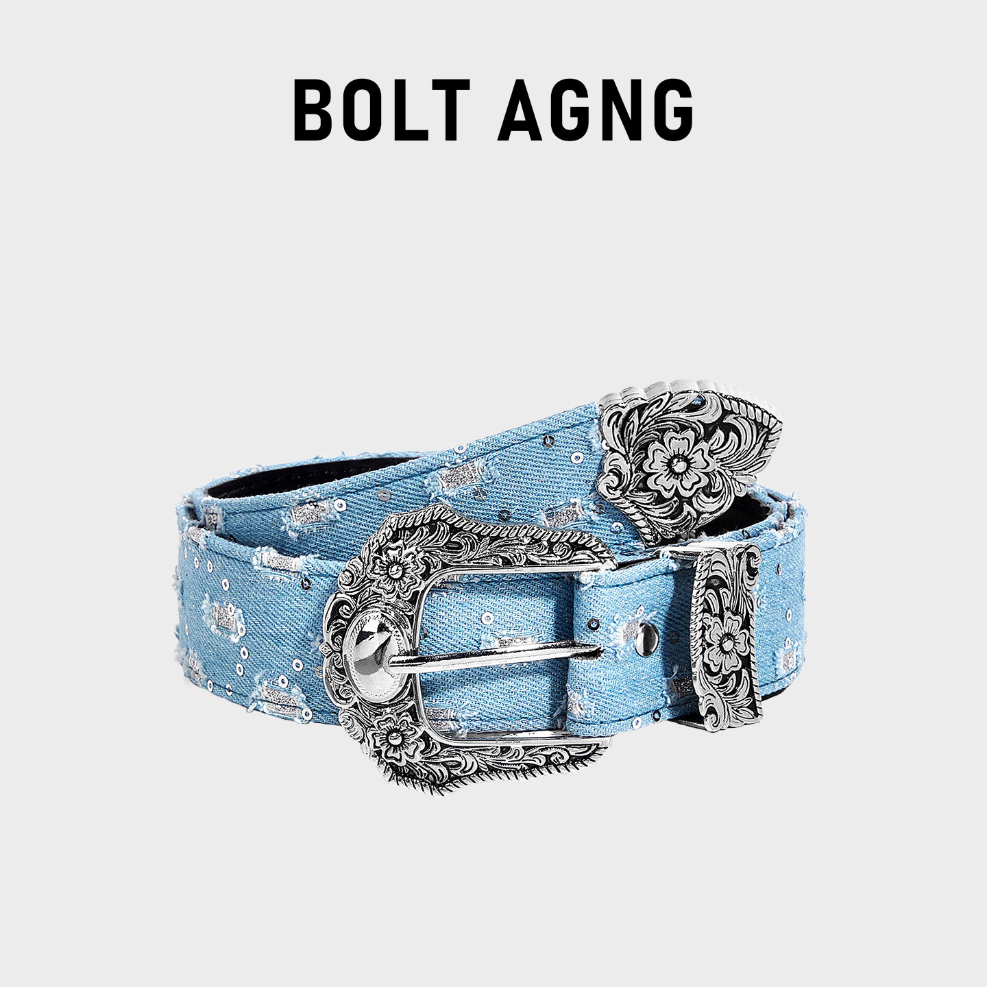 thumbnail for BOLT AGNG original worn denim belt men's and women's carved buckle y2k niche design trend belt